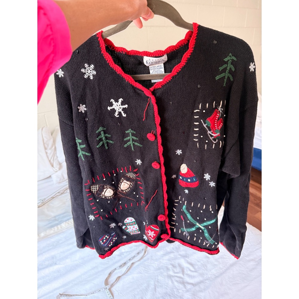 Vintage Basic Editions Holiday Vintage Christmas Sweater Cardigan Black Red XL